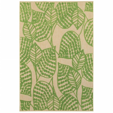 Homeroots 3 x 6 ft. Sand & Lime Green Leaves Indoor & Outdoor Area Rug 384343